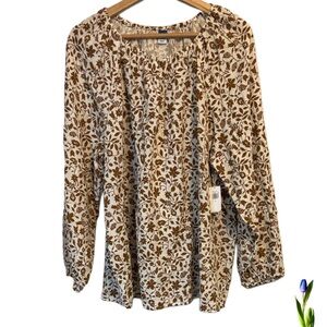 Old Navy Blouse 100% Cotton Beige Brown Floral Size XL